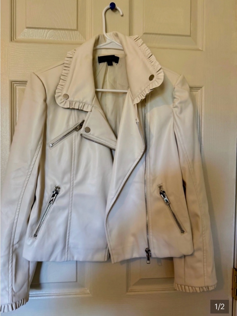 Dance & Marvel Cream Faux Leather Ruffle Collar Moto Jacket